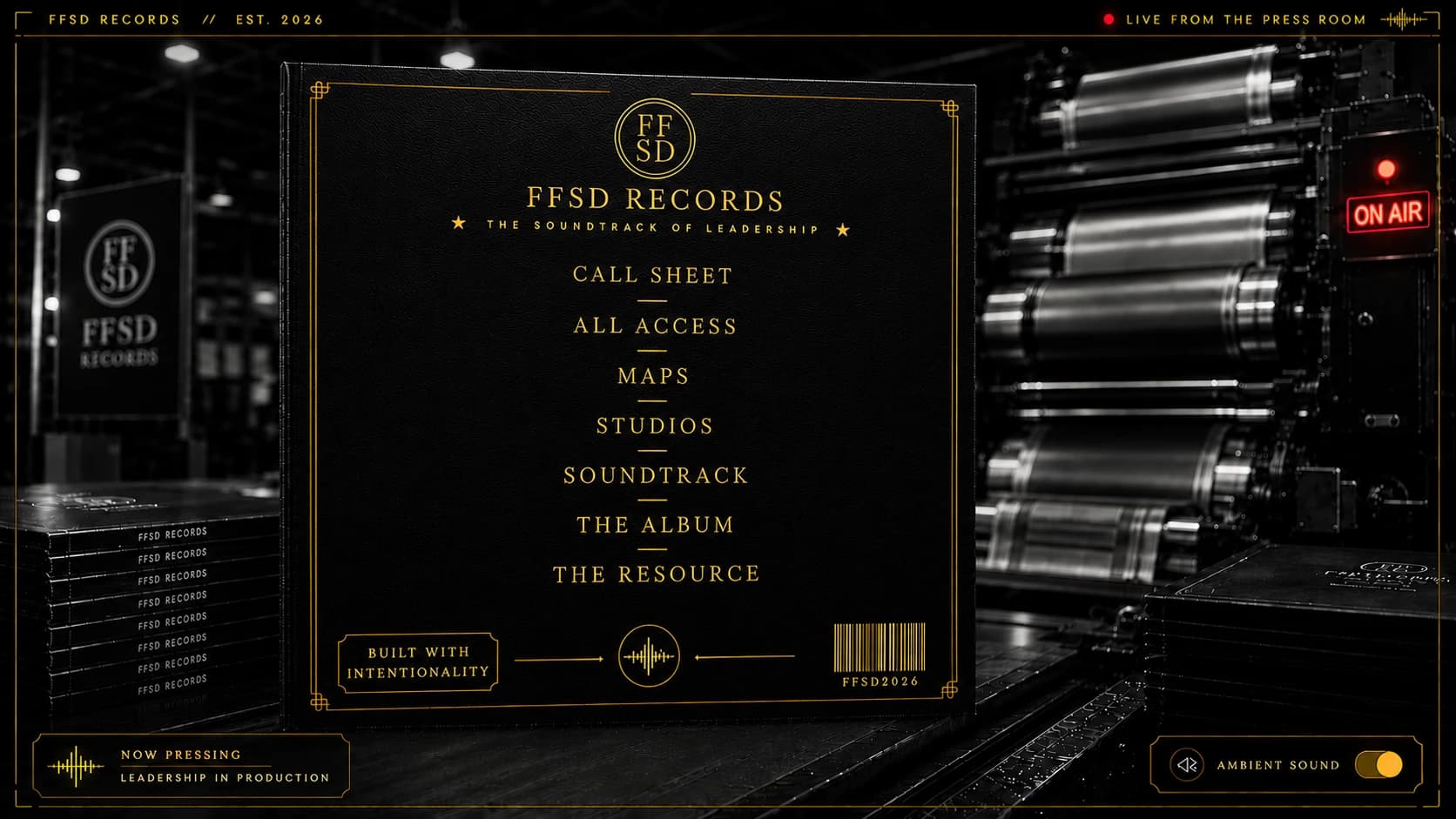 FFSD Records press-room homepage featuring a black album cover with interactive navigation tracks, a production press, an ON AIR sign, and FFSD Records albums.